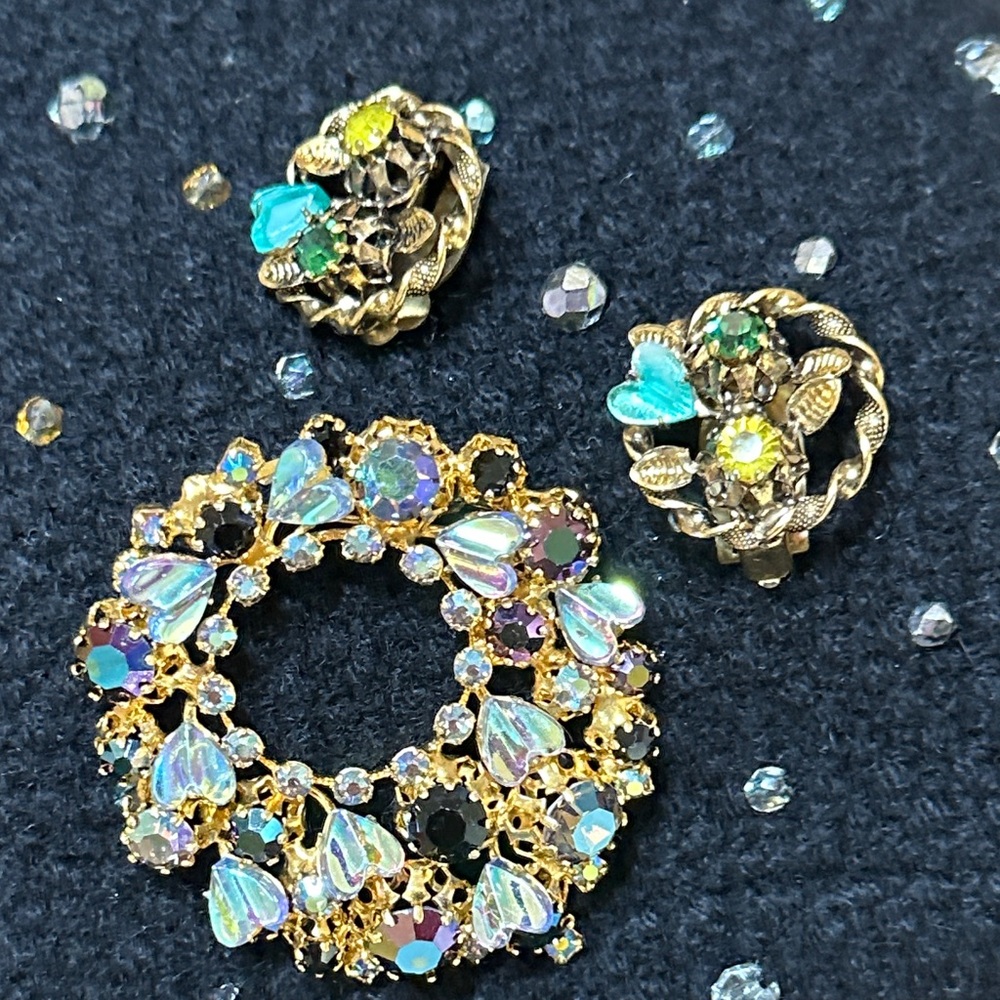 Made in Austria Rhinestone Brooch & Clip Earrings - Vintage